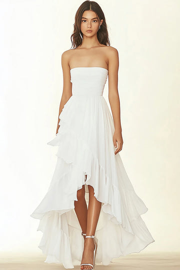 White Chiffon Strapless Ruffled A Line Long Formal Dress